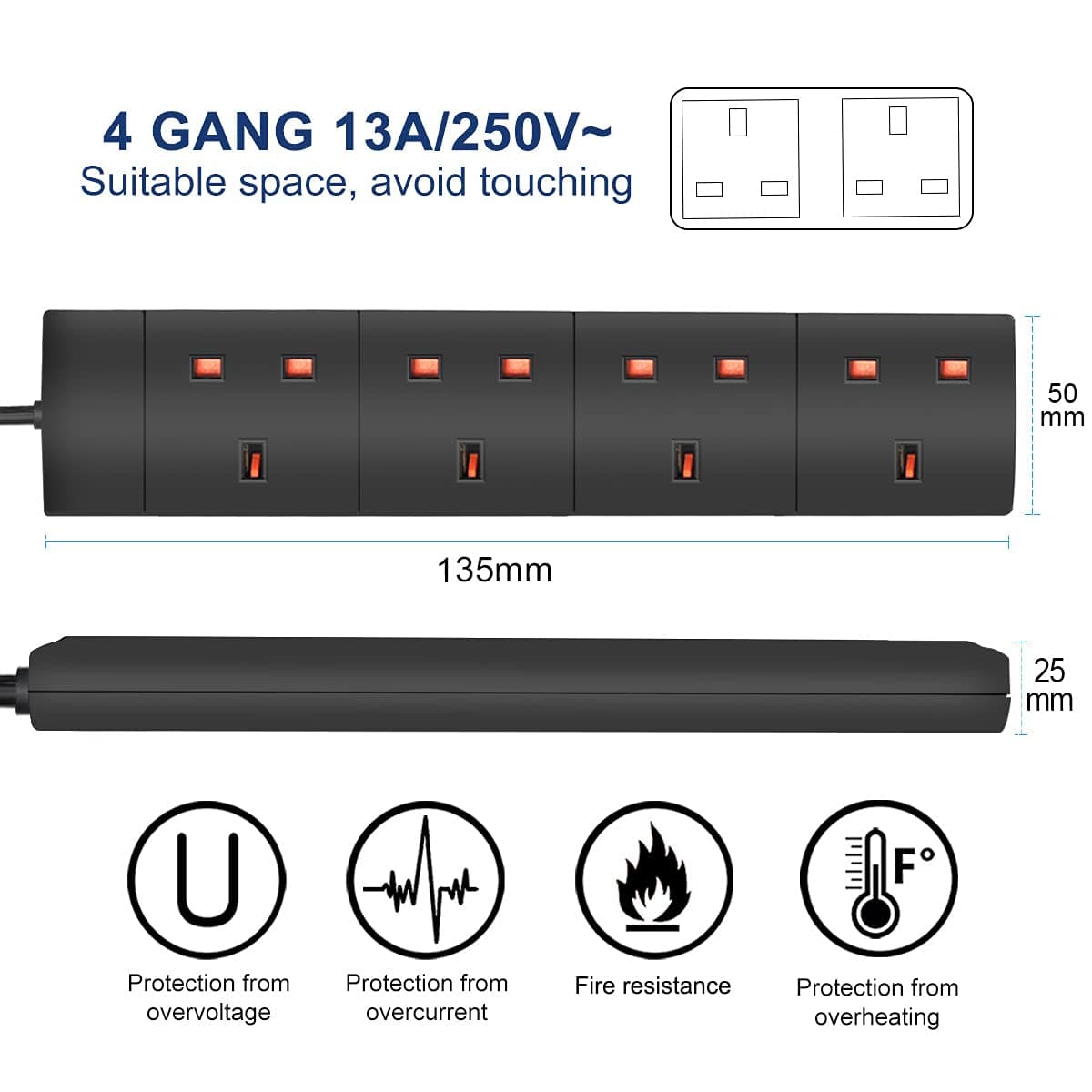ExtraStar 4 Way Extension Lead, 13A Fused UK Plug Extension Socket, 3M Extension Cable Power Strip - Black — view 2