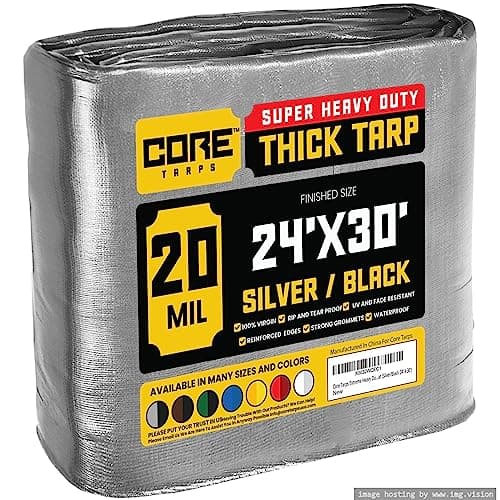 Core Tarps Extreme Heavy Duty 20 Mil Tarp Cover, Waterproof, UV Resistant, Rip and Tear Proof, Poly Tarpaulin with Reinforced Edges for Roof, Patio, Pool, Boat (Silver/Black 24′ X 30′)