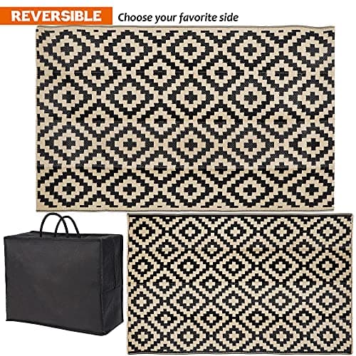 SAND MINE Waterproof Outdoor Rug 5x8 ft, Plastic Reversible Rug, Modern Area Rug, Large Floor Mat for Outdoors, RV, Patio, Backyard, Deck, Picnic, Beach, Camping, Black & Beige — view 2