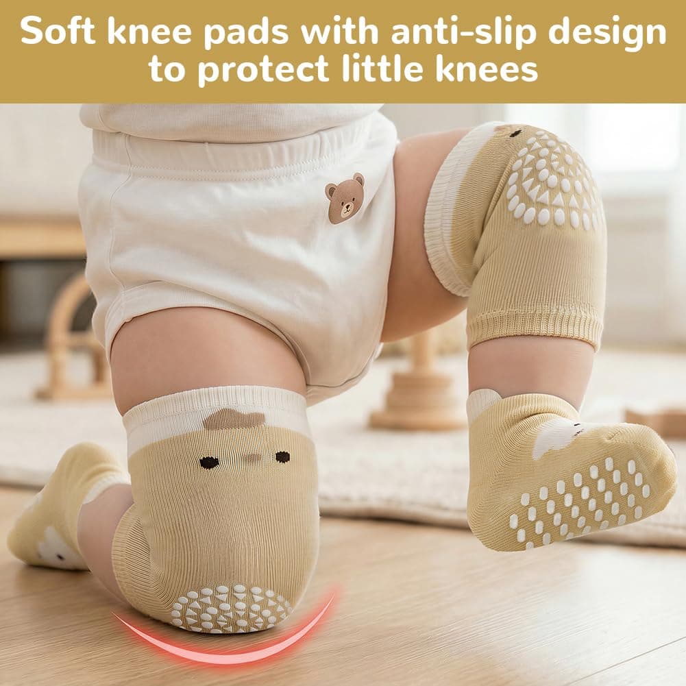 AOOTE Juego de 3 pares de rodilleras para bebés y 3 pares de calcetines para gatear, con puntos de goma, para niños y niñas — view 5