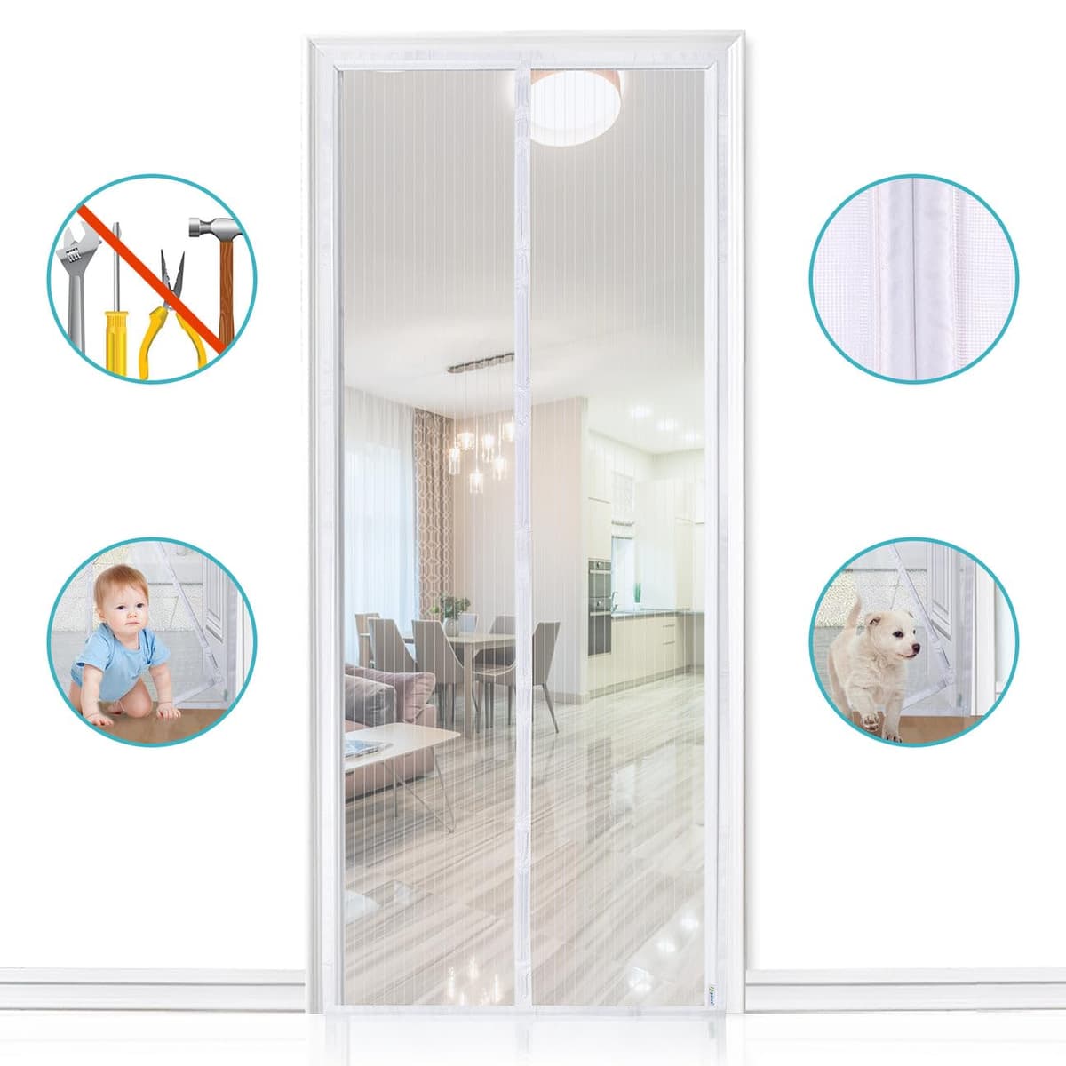 Mosquitera magnética para puerta de Apalus, cortina de malla, junta magnética de arriba a abajo con cierre automático, mantiene el aire fresco en el interior (80x200 CM, Blanco) — view 3