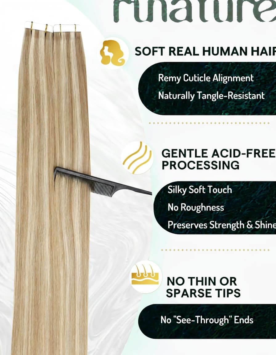 RUNATURE 20Pcs Tape in Hair Extensions Human Hair Blonde Highlight Ash Brown Tape Hair Extensions Real Human Hair Blonde Invisible Remy Straight Tape Hair 12 Inch 30g #8P60 — view 2
