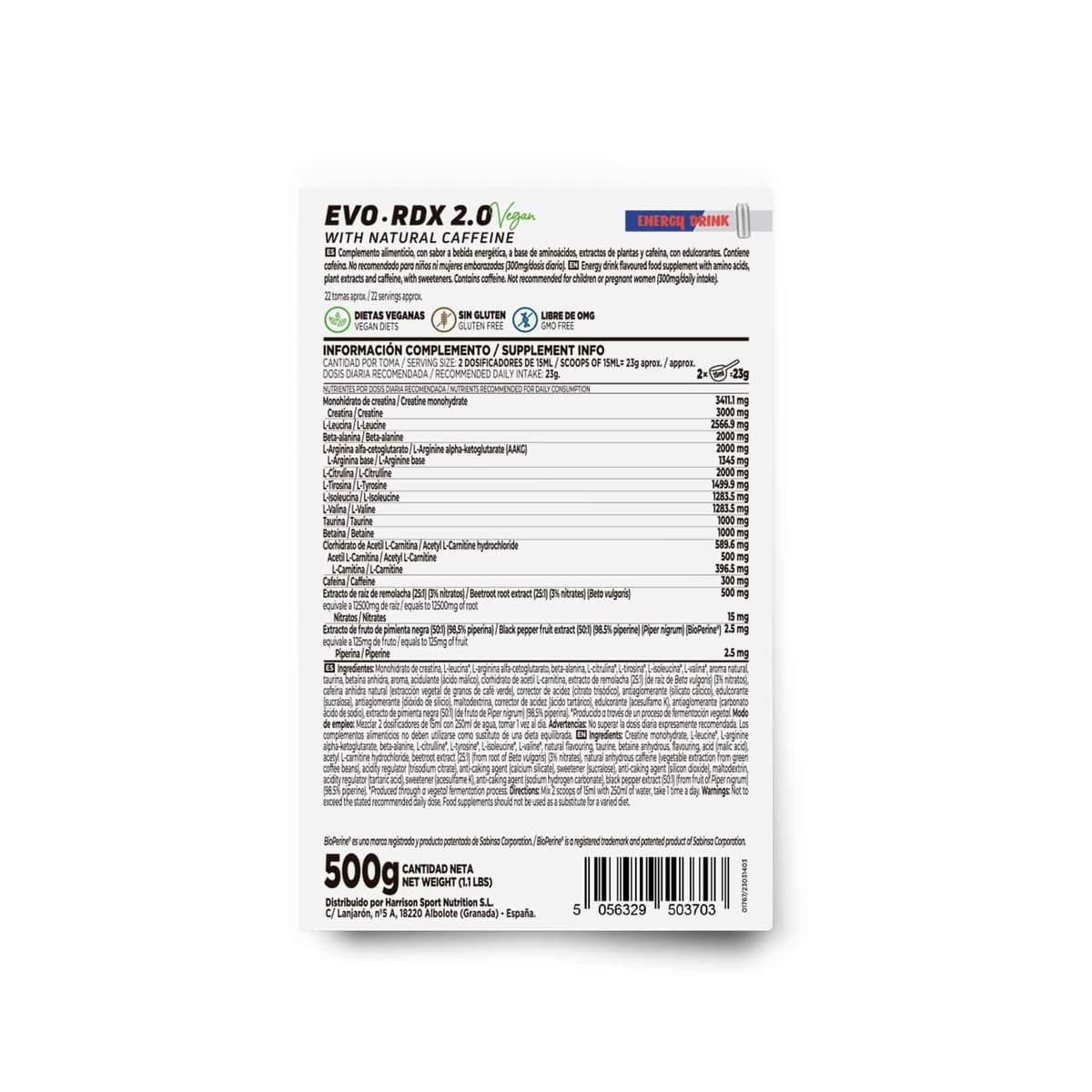 HSN Pre Entreno Evordx 2.0 (300mg de Cafeína) | Energy 500g | Pre Workout 100% Vegano Sin Carbohidratos Sin Gluten | BCAAs, Creatina, L-citrulina, Arginina AKG, Extracto de Remolacha — view 2