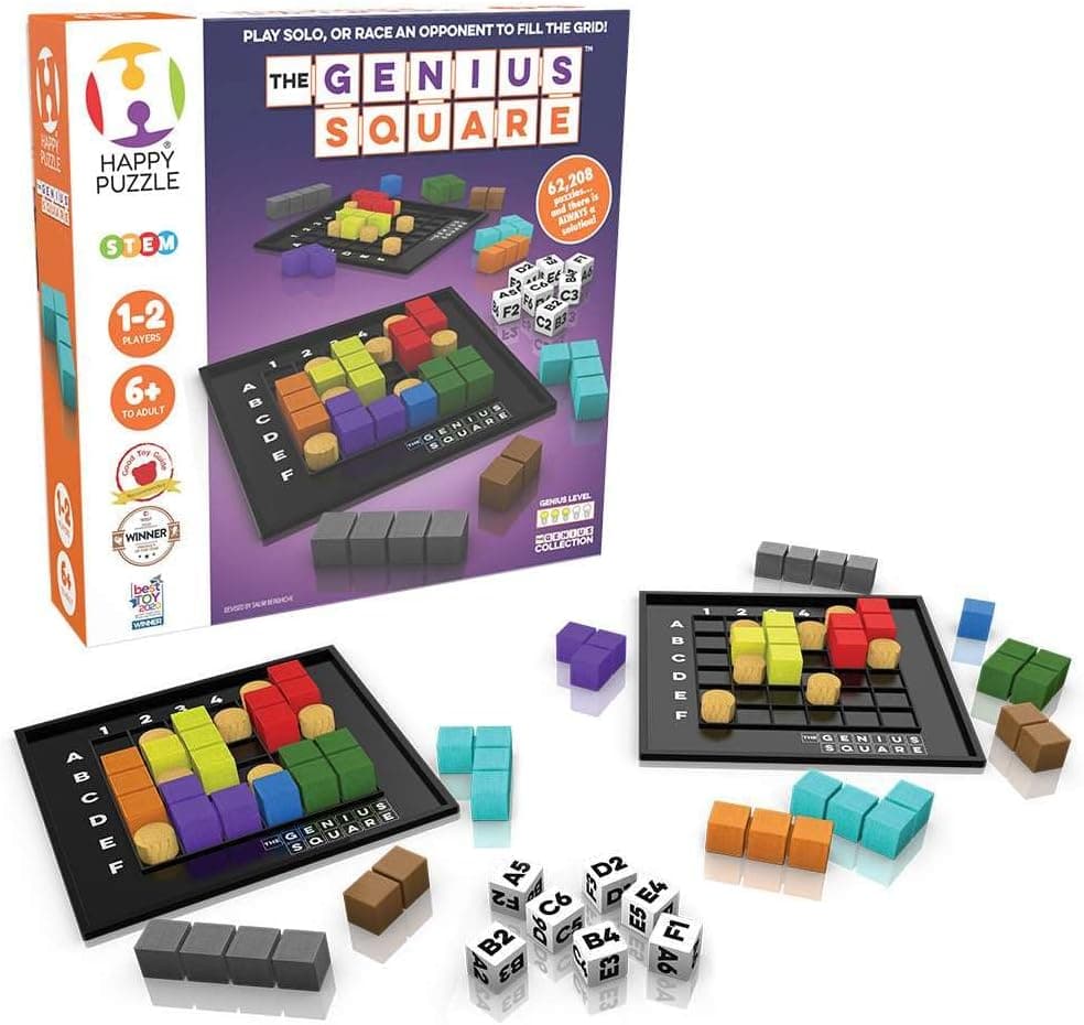 The Happy Puzzle Company - The Genius Square & Collection - Puzzle Challenges for Friends and Family Board Game Night - Logic STEM Educational Learning Resources (The Genius Square)