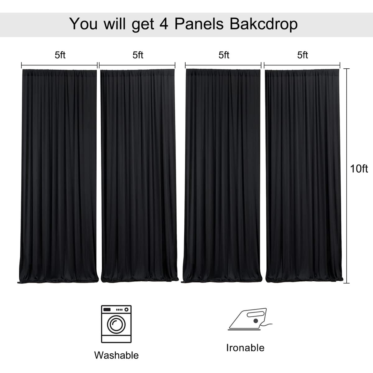 20ft x 10ft Wrinkle Free Black Backdrop Curtains for Parties, 4 Panels 5x10ft Silky Polyester Black Photo Backdrop Drapes for Wedding Graduation Birthday Party Photography Background — view 5