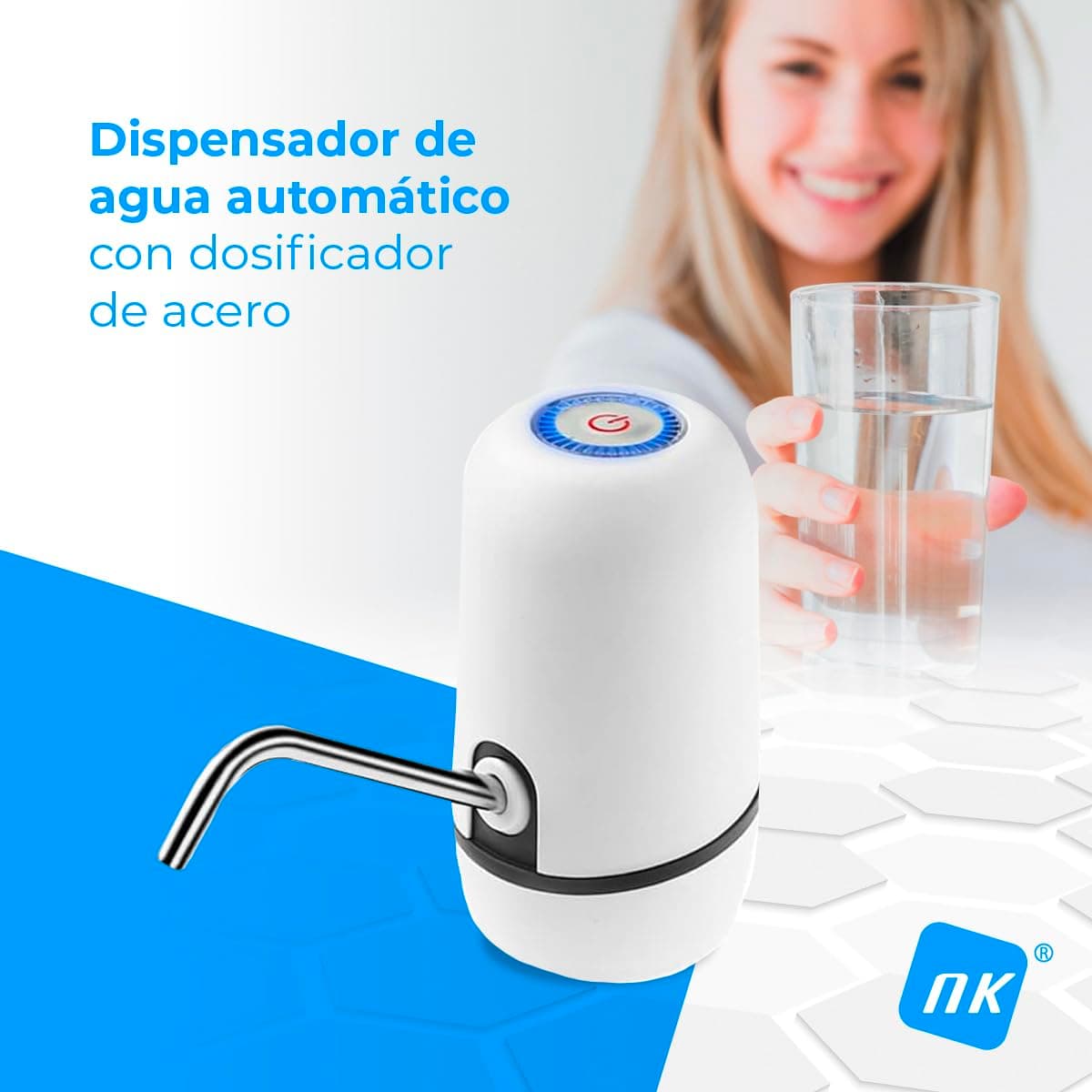 NK Dispensador de Agua Fría Automático, Carga USB, Dosificador de Acero, sin BPA, 1200mAh, Transportable, para Garrafas y Botellas 1.5L, 5.7L, 10L, 11.3L, 15L, 18.9L - Color Blanco — view 2