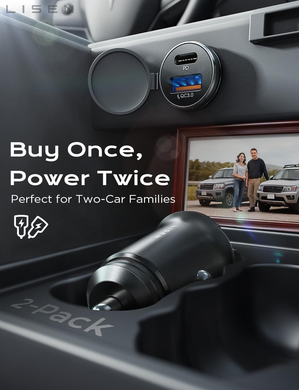 LISEN Car Charger Fast Charge 69W Cigarette Lighter USB Charger [All Metal & Smallest] Car Van BMW Accessories Interior, 12V Car USB C Adapter Socket Gadget for iPhone 17 15 16 samsung s26 iPad Kindle — view 2