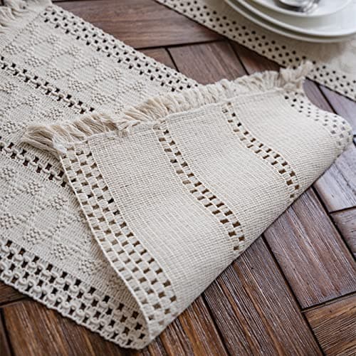 Alynsehom Macrame Table Runner Cream Beige Boho Table Runners with Tassels Hand Woven Cotton Table Runner Rustic Farmhouse Table Runners for Bohemian Kitchen Dining Table(12x108in) — view 3