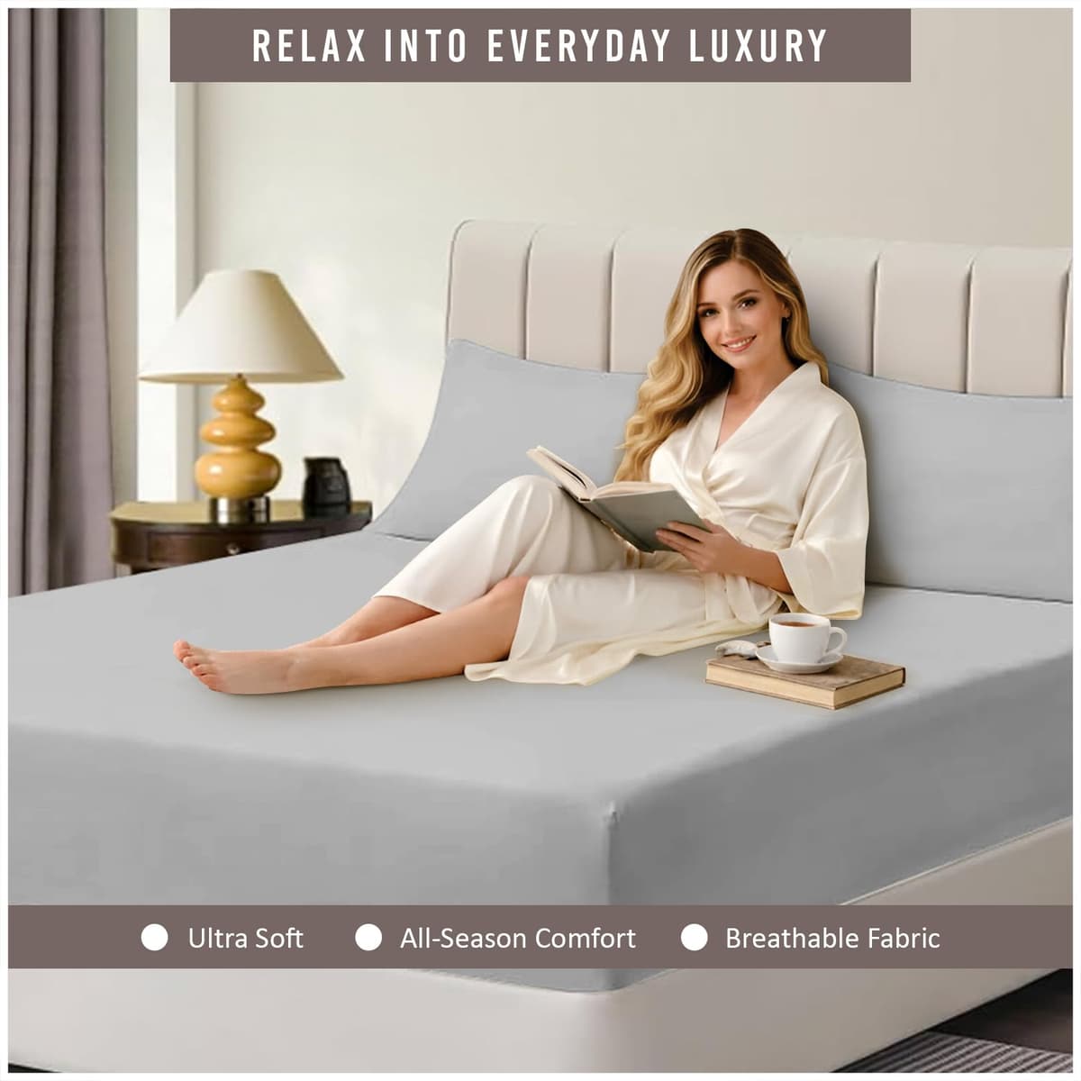 GC GAVENO CAVAILIA Fitted Sheet Single Bed (91 x 190cm) - Grey Bedding Sheets - Plain Dyed Microfiber Bed Sheets Single - (10 inch) 25cm Deep Pocket Bottom Sheet - Easycare - Wrinkle & Fade Resistant — view 2