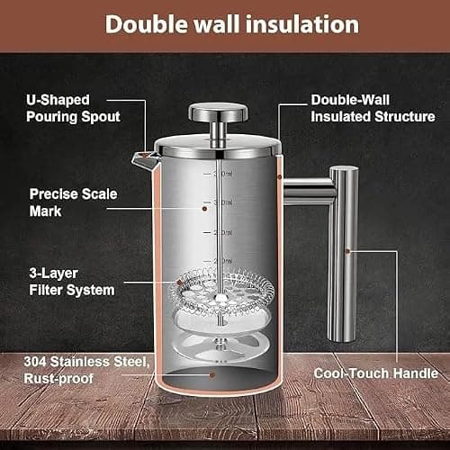 QNA French Press Coffee Maker, 34oz(1000ml)304 Stainless Steel, Double Wall — view 5