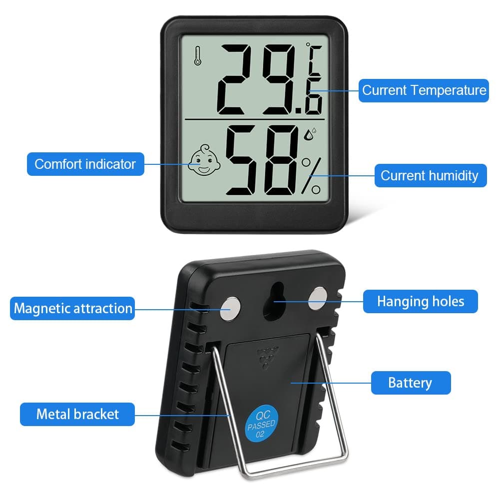 Flintronic Thermometer Hygrometer, 3PCS Digital Mini Thermometer and Hygrometer with Metal Stand, Thermohygrometer with Smile Face Indicating Data for Indoor, Living Room, Baby Room, Office (Black) — view 2