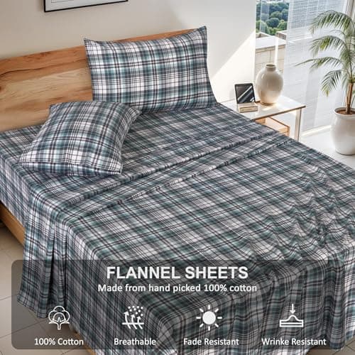 RUVANTI Flannel Sheets Queen Size - 100% Cotton Double Brushed Bed Sheets, Deep Pockets 16 Inches Queen Sheet Set, All Seasons Breathable & Extra Soft - Warm & Cozy, 4 Piece, Mint Grey — view 3