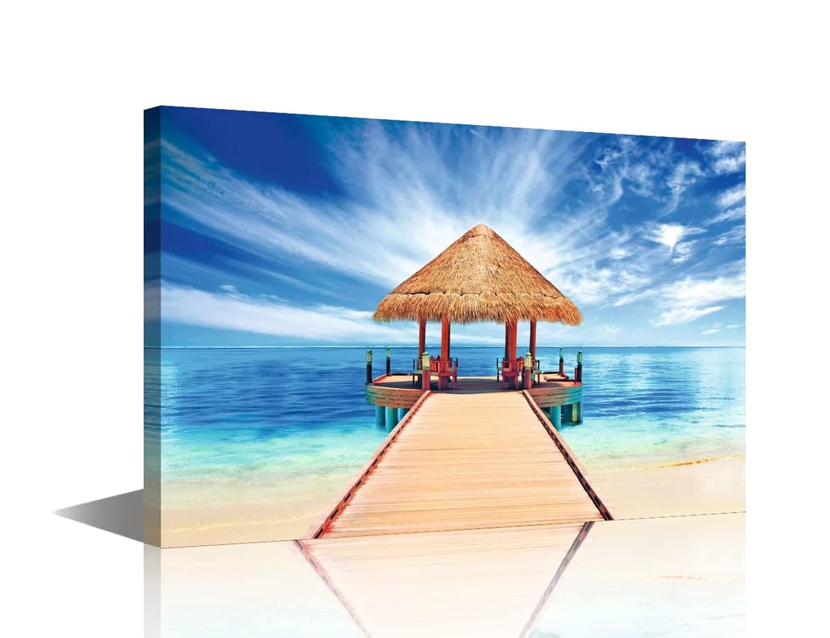 TISHIRON Wall Art Sandy Beach Sunrise Pictures Painting on Canvas Wall Art Modern Framed Seaside Canvas Prints Ready To Hang(24X16in) — view 9