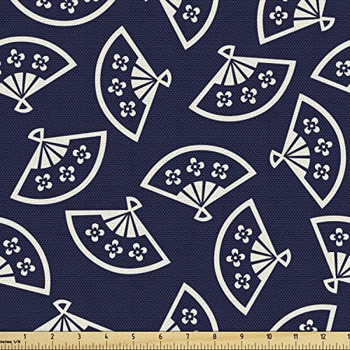 Ambesonne Geometric Fabric by The Yard, Hand Fan Pattern East Culture Inspirations Oriental Motif Kimono Design, Decorative Fabric for Upholstery and Home Accents, 1 Yard, Ivory Blue