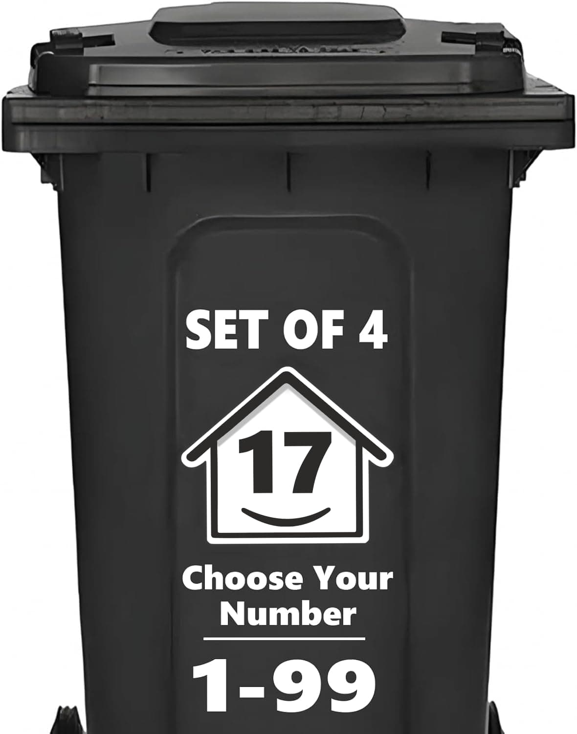 4 x Bin Numbers for Wheelie Bins, 1-99, 15cm ‘Happy House’ Design Dustbin Stickers, Easy Application Stick On Number Stickers - Weatherproof Self Adhesive Vinyl, Black (17)