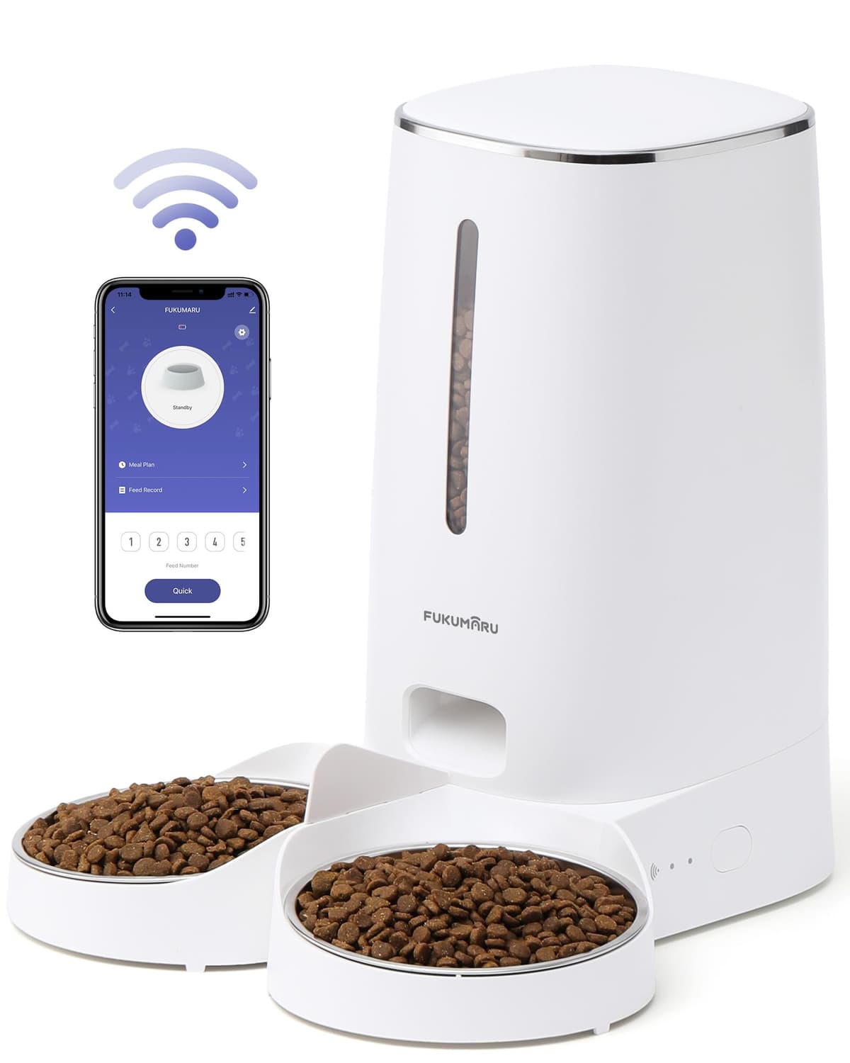 FUKUMARU WiFi Automatic Cat Feeder, 4L Food Dispenser for Dog/Cat with Two Bowls, Customized Program of Automatic Feeding, Battery Operated and Electrical Wiring, White