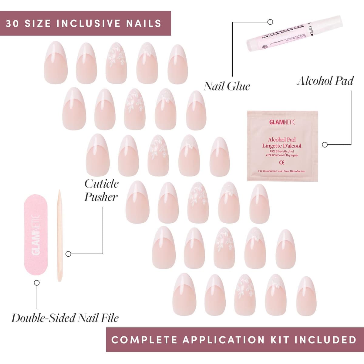 Glamnetic Press On Nails - All Time Love | Glossy, Semi-Transparent, Short Almond French Tip Nails with Leaf Accents, Salon Quality | 15 Sizes - 30 Nail Kit with Glue — view 4