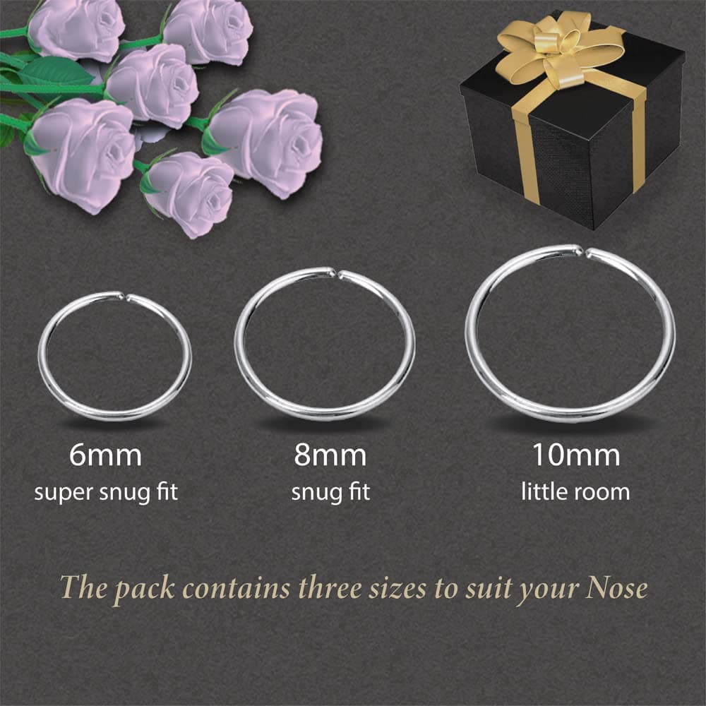 VYIZERR 3pk Silver Nose Rings Hoops Thin Snug Surgical Steel Nose Septum Tragus Earring lip Nostril Piercing Jewelry for Women, 20g guage + 3 Size in 1- Pack 6mm 8mm 10mm — view 3