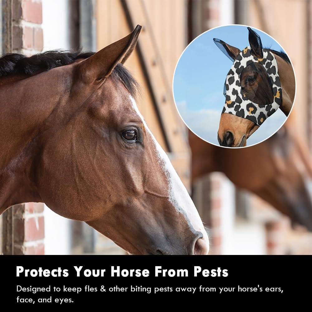 Máscara Antimoscas para Caballos, 1PCS Máscara de Mosca de Caballo con Orejeras,Estampado de Leopardo Máscaras Faciales para Caballos Anti-UV, Malla Transpirable, máscara de Freno elástica. — view 2