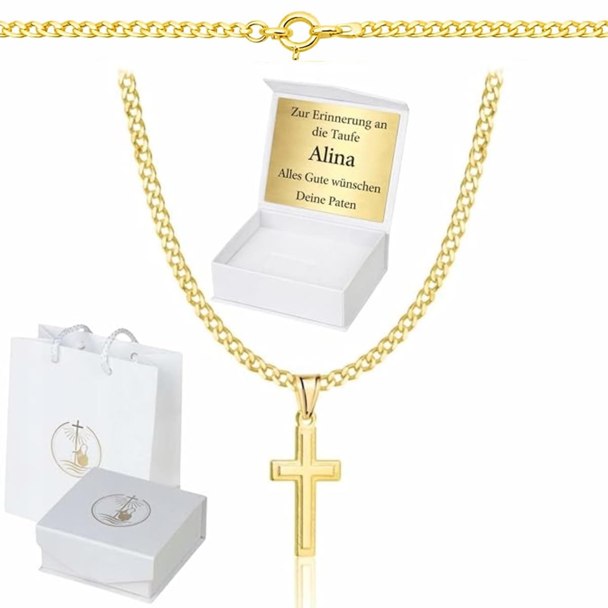 ZELYA Cadena de oro con cruz chapada en oro 925/585 de 14 quilates, cadena de eslabones para niñas y niños, cadena de comunión con cruz, cadena infantil para comunión y bautizo, caja de regalo con — view 2