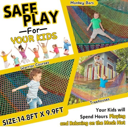 LPIW Climbing Net for Kids - 14.8FT x 9.9FT Double Layers Heavy Duty Playground Safety Net, Climbing Cargo Net for Tree House Tree Fort, Back Yard, Jungle Gyms, Monkey Bar Security Mesh（Rainbow） — view 3