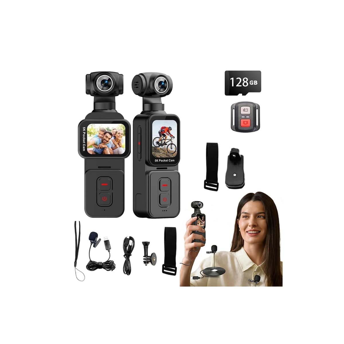 5K Handheld Action Camera, Portable Pocket Vlogging Camera with Image Stabilization, 270° Rotatable Wide-Angle Lens, Rotating Touchscreen, WiFi, Remote & App Control for Travel Sports (128G)