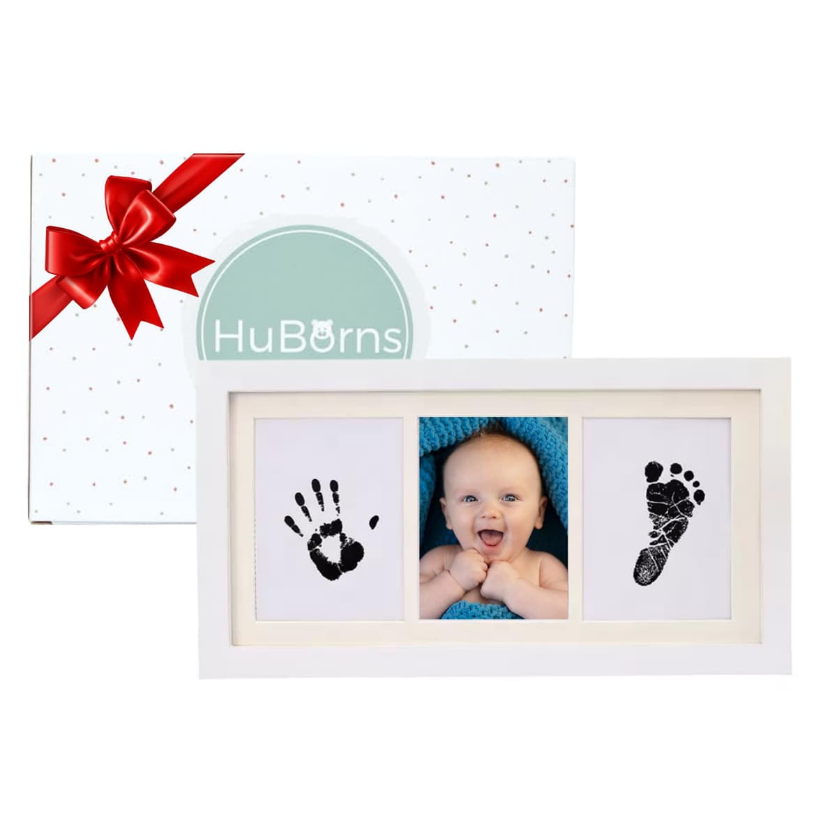 HuBorns – Marco huellas bebé recién nacido con tinta, kit completo para huella pie y mano, cuadro recuerdo original, regalo bebé niño o niña y decoración habitación infantil