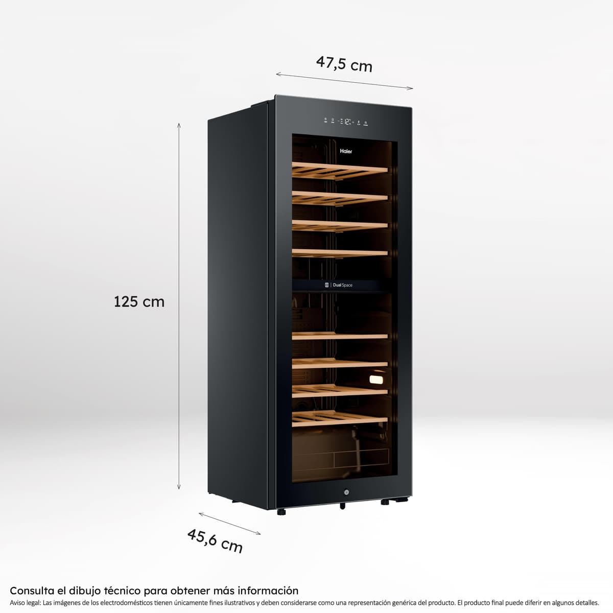 Haier Wine Bank 50 Series 5 HWS56GDG Vinoteca de 56 botellas, 2 Zonas independientes, Estantes de madera, Filtro Anti-UV, Sistema Antivibración, Display Digital, Iluminación LED, 37 dbA, Negra — view 3