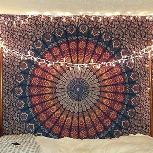 Bless International Handmade Indian hippie Bohemian Psychedelic Peacock Mandala Wall hanging College Dorm Beach Throws Table Cloth Bedding Tapestry (Golden Blue, Poster(30x40Inches)(76x101cms))