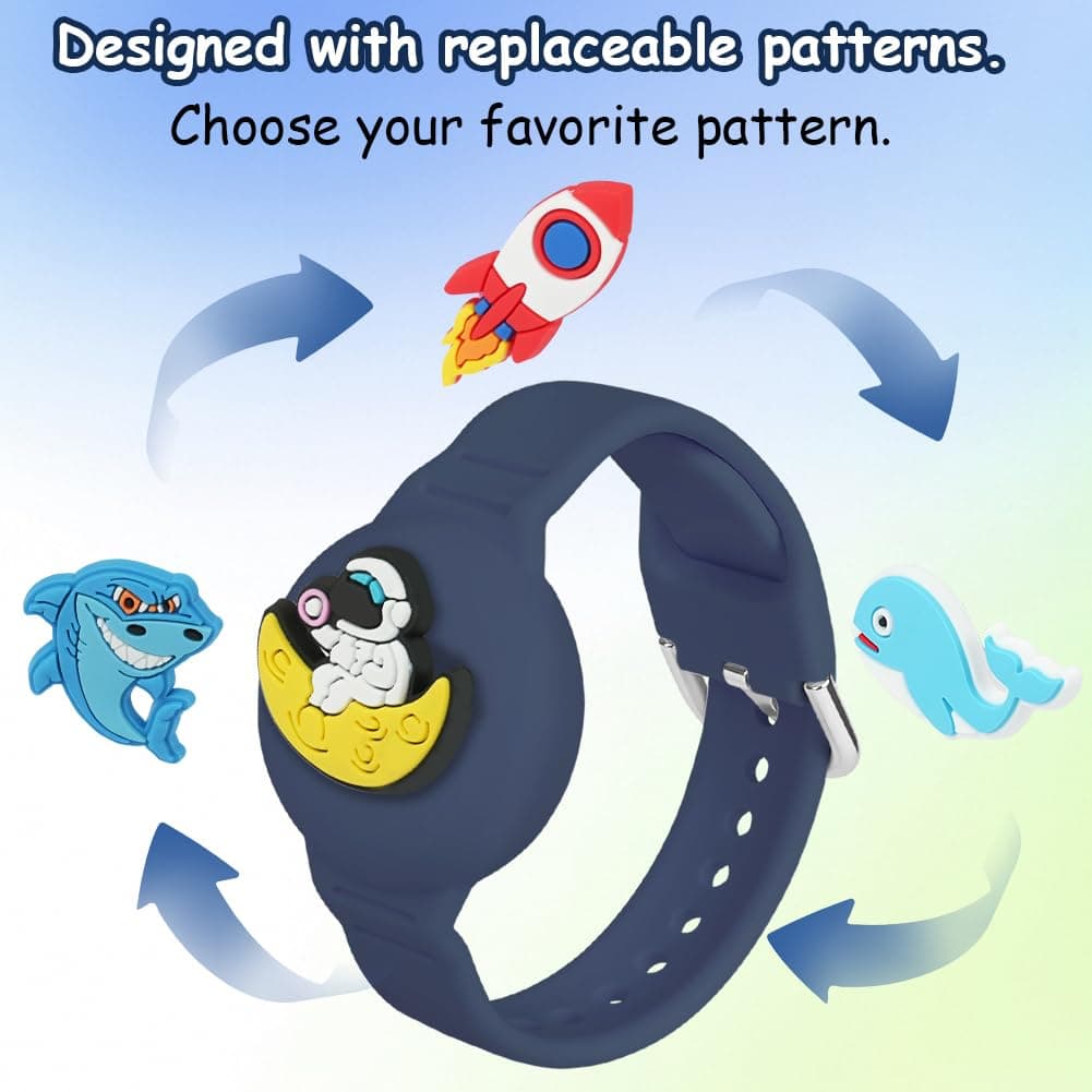 AXFEE Pulsera Compatible con Air-tag,1PC Pulsera de Silicona para Niños,con 4 Patrones DIY,Funda Protectora Ajustable Antipérdida,Impermeable Pulseras para Niños Mayores para Air-tag GPS Tracker, Azul — view 4