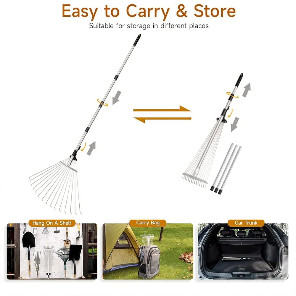 Adjustable Leaf Rake with 215 cm Handle, Adjustable Leaf Rake, Garden Rake with Handle for Leaves, Rake for Cleaning Plants, Lawn and Patio — view 3
