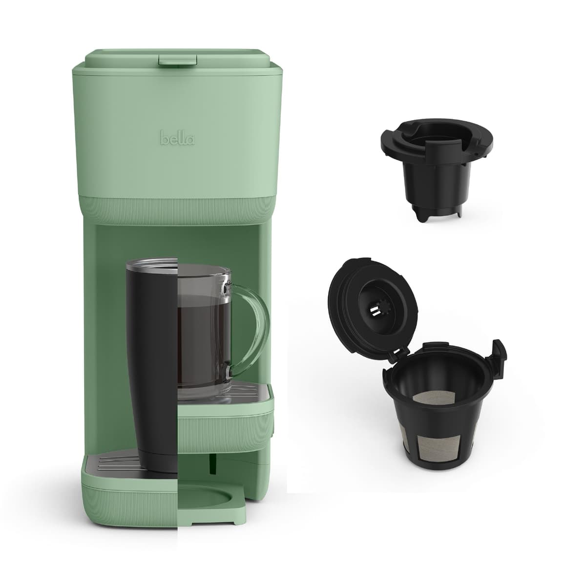 BELLA Single Serve Coffee Maker, K Cup & Coffee Ground Compatible with Removable, Adjustable Drip Tray, Auto Shutoff & Reusable Dishwasher Safe Accessories, Brews 6oz to 14oz, 1000 Watt, Oatmilk — view 14