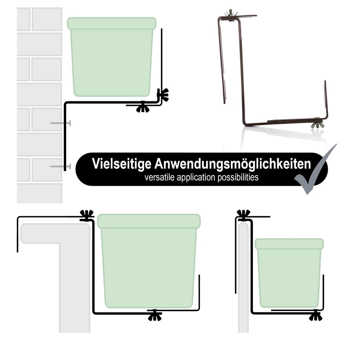 com-four® Soporte para jardineras 4X para parapetos y barandillas de Balcones - fijación Flexible de Metal para jardineras - Ajustable en 2 direcciones - sin taladrar (4 Piezas - marrón Oscuro) — view 4