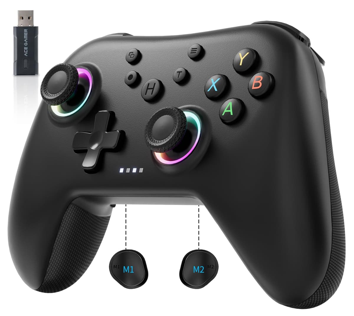 AceGamer Aurora 2.4G Mando inalámbrico para PC Windows/Switch 2/Switch/Steam/iOS/Android, Mando para PC con joystick de efecto Hall, Botón trasero programable, Actuador resonante lineal, Turbo, Negro