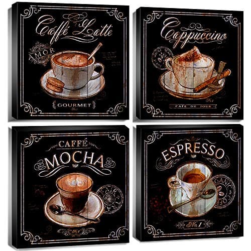 Coffee Wall Art Kitchen Decor Vintage Coffee Bar Wall Decor Black Brown Coffee Theme Dining Room Canvas Pictures Cafe Bean Cup Painting Artwork Restaurant Table Shop Family Home Decoration 12x12" 4Pcs
