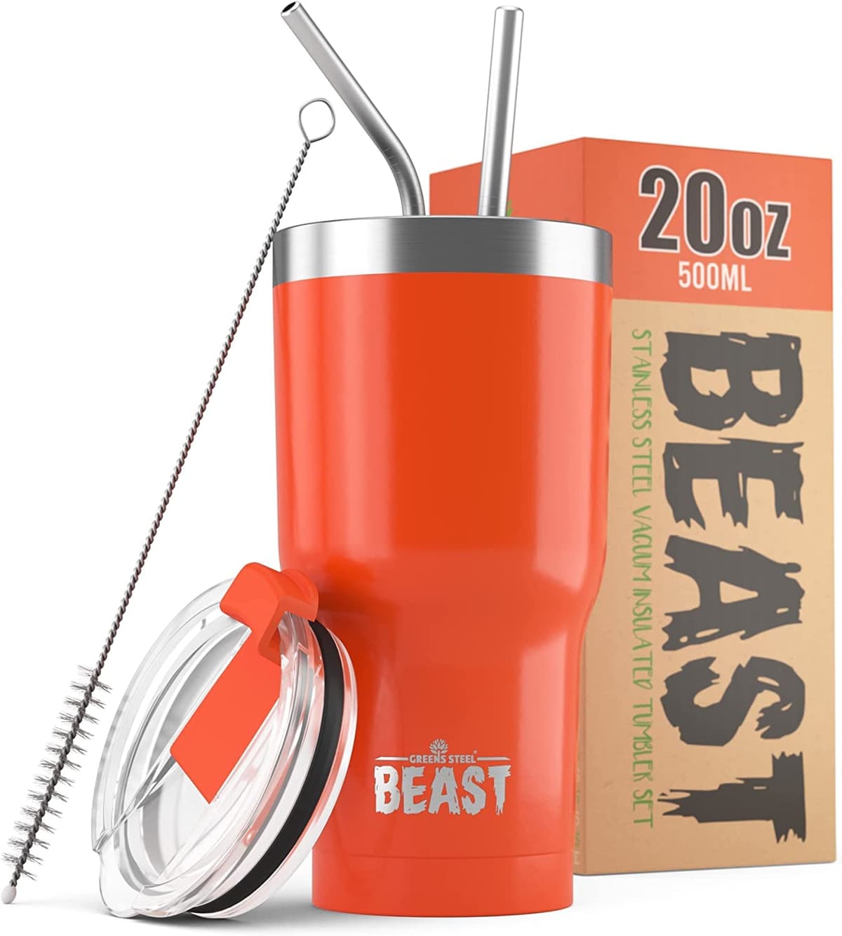 Greens Steel Beast Tumbler – 550 ml (20 oz), Coral | Vaso de acero inoxidable reutilizable con aislamiento al vacío | con 2 pajitas y cepillo de limpieza | Termo de viaje de doble pared — view 59