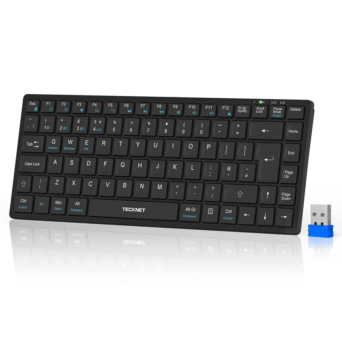 TECKNET 2.4G Wireless Keyboard, Rechargeable Bluetooth Keyboard for 4 Multi Devices, QWERTY UK Layout Compact Mini keypad, Small Silent Keys for Laptop, Phone, Smart TV, Computer, Tablet - Silver — view 8