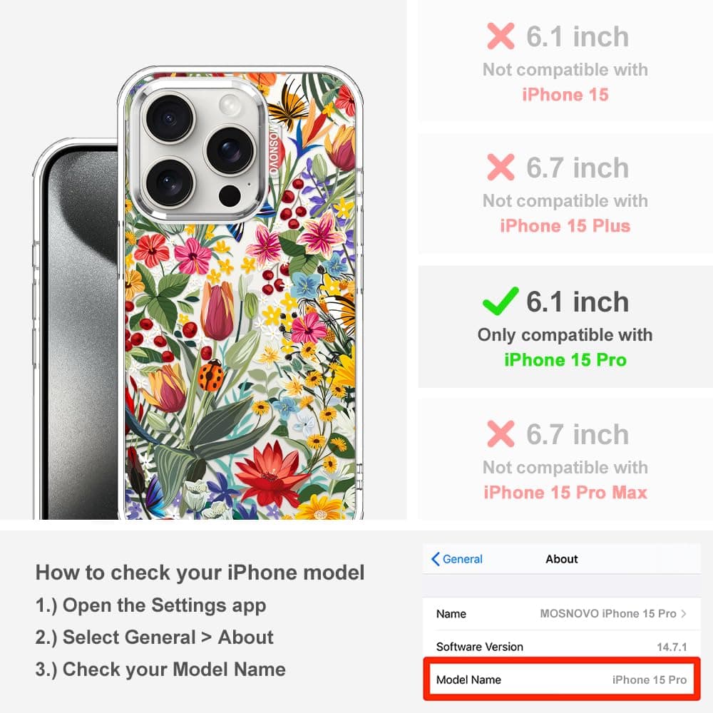 MOSNOVO Case for iPhone 15 Pro, [Buffertech 6.6ft Military-Grade Drop Protection] [Anti Peel Off Tech] Clear TPU Bumper Phone Case Cover Design - In The Garden — view 2