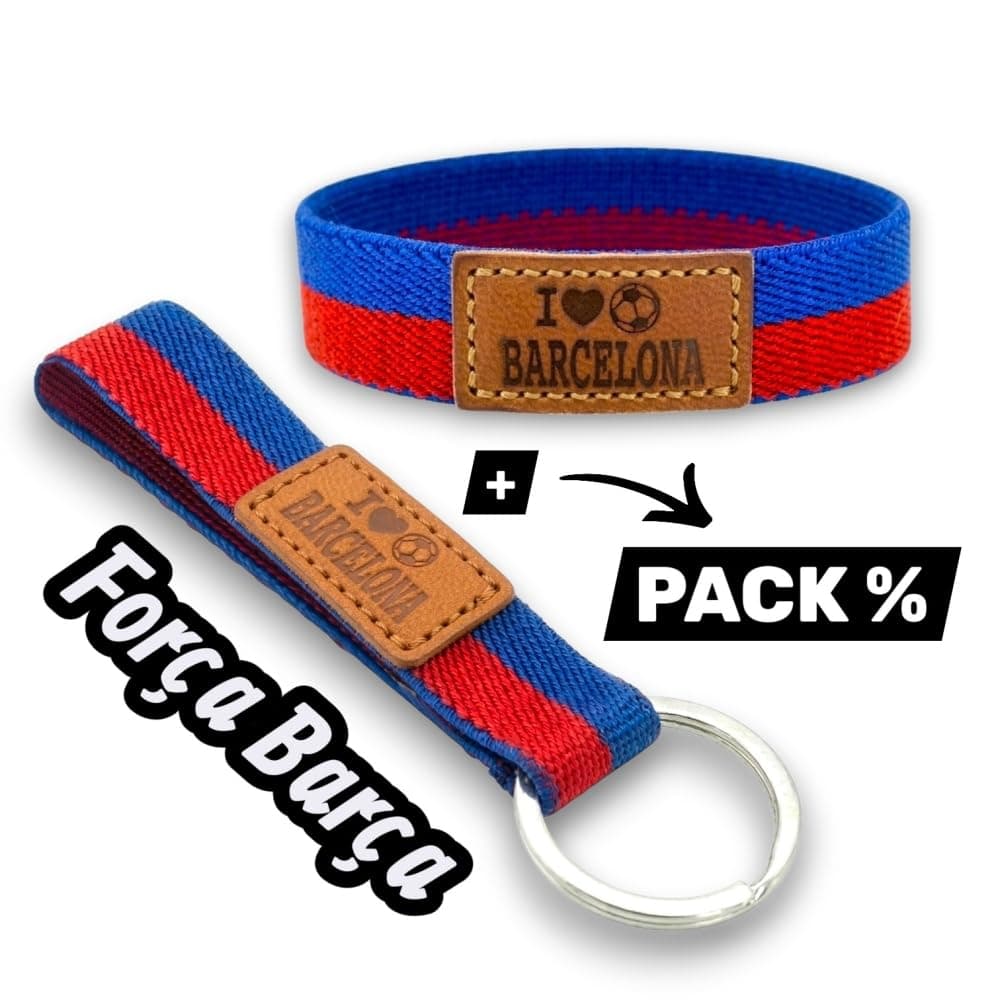 BDM Pulsera y Llavero Barcelona Azulgrana Futbol| Tela Elástica con Parche de Cuero "I Love Barcelona" | Tallas 16-18 cm y 18-20 cm | Pack o Individual — view 2