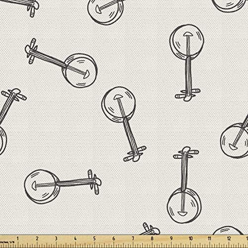 Lunarable Country Fabric by The Yard, Pencil Hand-Drawn Vintage Banjo Traditional Folk Music Illustration, Decorative Fabric for Upholstery and Home Accents, 1 Yard, Eggshell Black