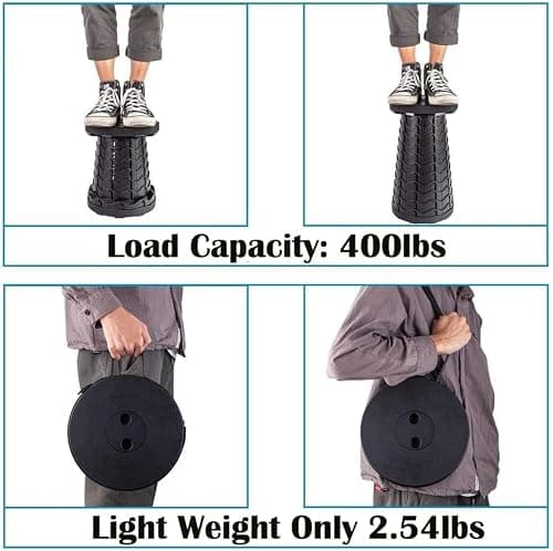 2026 Upgraded Collapsible Stool, 400lb Max Weight, Lightweight But Sturdy, Portable Folding Retractable Telescoping Foldable Camping Stool for Adults Outdoor Fishing Hiking Travel BBQ (Black) — view 5