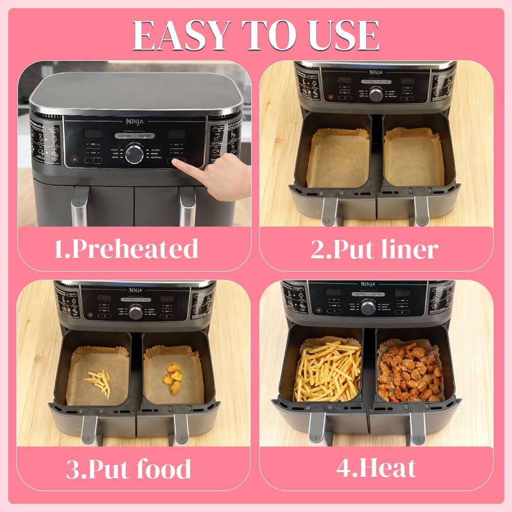 BYKITCHEN 100pcs Air Fryer Liners for Ninja Dual, Air Fryer AF300UK AF400UK Accessories, Disposable Parchment Paper Liner, Compatible with Ninja, Salter, Tower and Other Dual Zone Air Fryer — view 7
