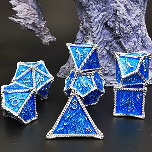 HAOMEJA Metal Dragon Dice Set DND 7 Set Dice Role Playing Dice D&D Dungeons and Dragons (Silver Blue) — view 2