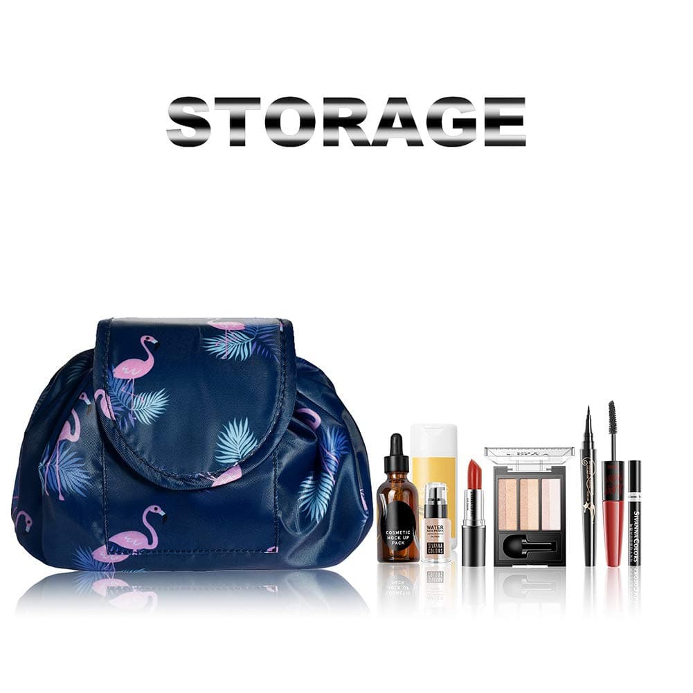 Lazy Drawstring Makeup Bags, Large Capacity Waterproof Travel Portable Cosmetic Bag Pouch Makeup Pouch Storage Organiser for Women Girl (Dark Blue Flamingo) — view 2