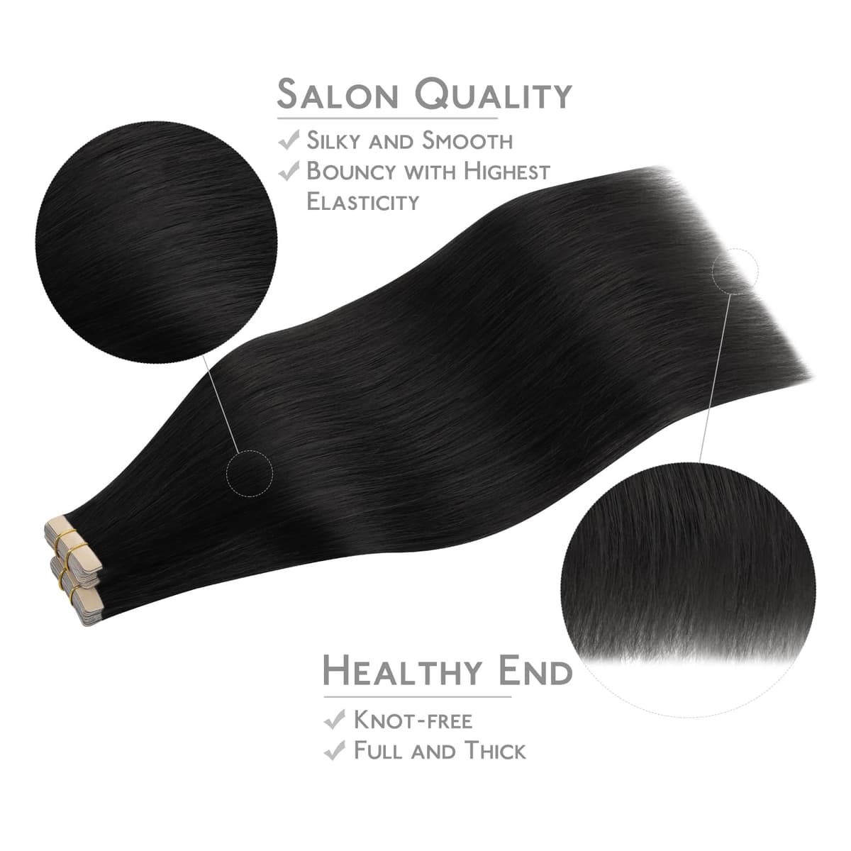 WENNALIFE Tape in Hair Extensions Human Hair, 22inch 40pcs 98 Jet Black Real Human Hair Tape Extensions — view 4