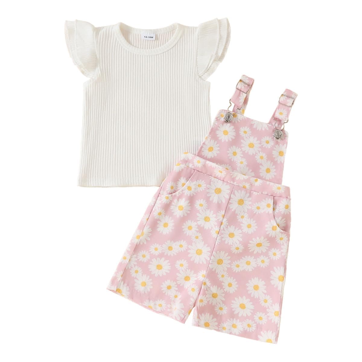 Conjunto Ropa de Verano para Bebé Niña Top de Canalé con Volantes+ Estampado de Margaritas Pantalones Cortos con Peto Bretelles Adorable Infantil Trajes