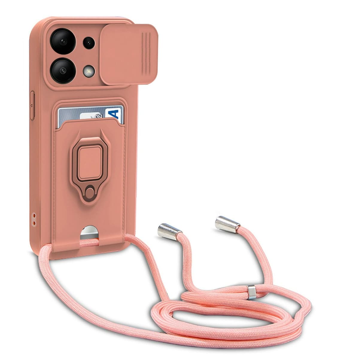 Funda Compatible con Xiaomi Redmi Note 13 4G,Cuello Cordón Carcasa Silicona Suave,Ranura con Tarjetas,Carcasa Cubierta cámara Deslizante Proteger, Anillo Soporte (Pink)