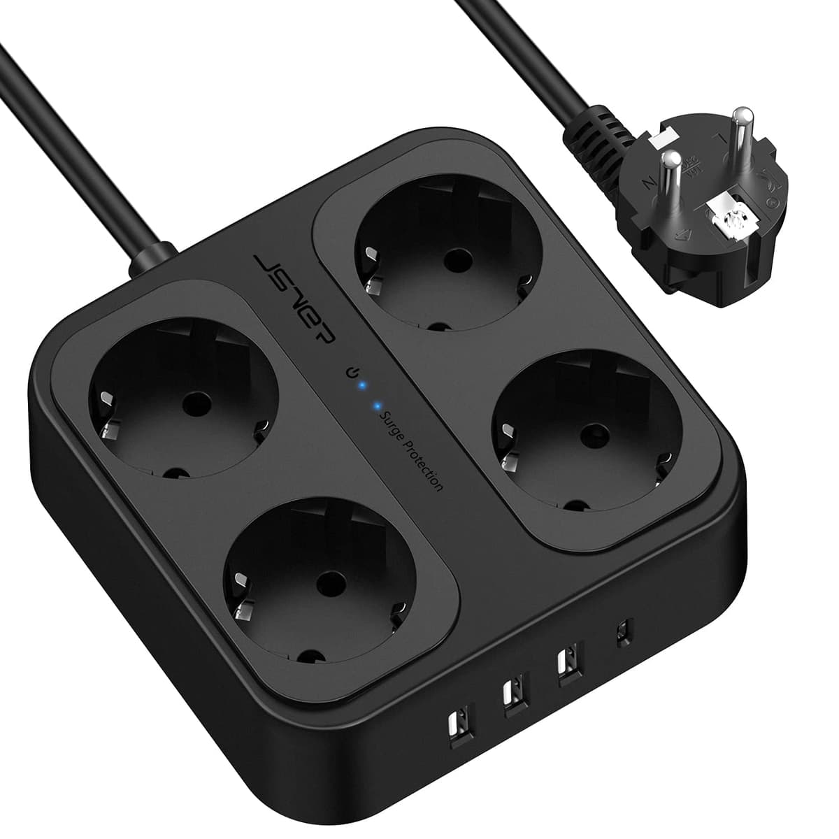 JSVER Regleta Enchufes USB, Proteccion Sobretension con 8 Toma de Corriente y 4 Puertos(5V3,4A) Estación de Carga Inteligente Tomas Alargadora con Cable 1.8m-Negro — view 9