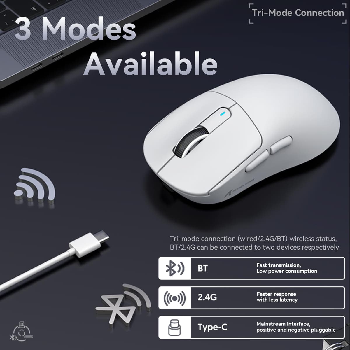 ATTACK SHARK X3 49g SUPERLIGHT Mouse, PixArt PAW3395 Gaming Sensor, BT/2.4G Wireless/Wired Gaming Mouse, 6 Adjustable DPI up to 26000, 200 Hrs Battery, Office Mice for Win11/Xbox/PS/Mac (White) — view 4