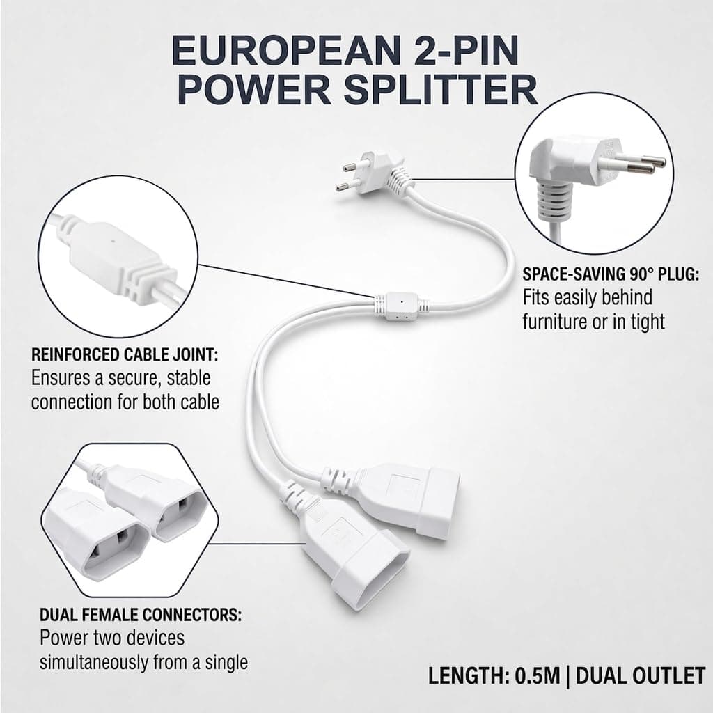 Cable Alargador 2 en 1 con Enchufe Europeo 50CM, Cables Alargadores Europeo de Corriente Acodado 250 V/2,5 A, Alargador Enchufe Plano 2 x 0,75 mm² para Televisores Monitor Consola de Juegos